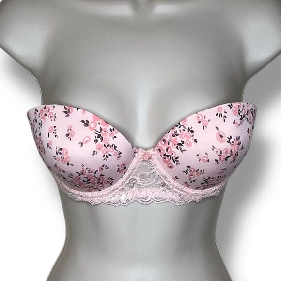 Laura Ashley Pink Peach Floral Strapless Push Up Bra Lace Women 34C No Straps - Picture 1 of 15